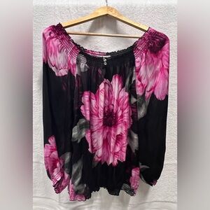 Dress Barn Women’s Size XL Pink & Black Floral Print Long Sleeve Sheer Blouse